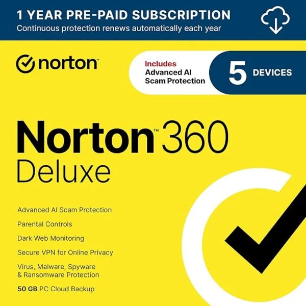Norton 360 Deluxe 2025, Antivirus software for 5 Devices with Auto-Renewal