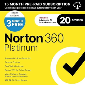 Norton 360 Platinum 2025, Antivirus software for 20 Devices with Auto-Renewal